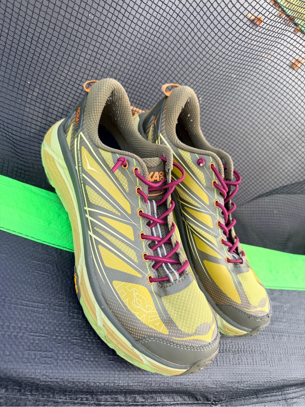 Hoka One One Olive Green Yellow Trail Running Shoes with Burgundy Laces - Picture 1 of 7